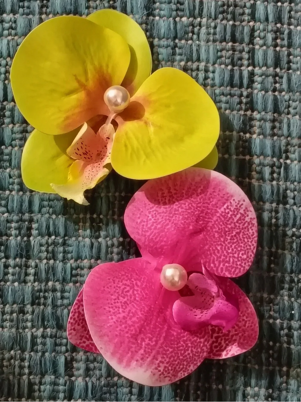 Yellow and Pink Orchid Pearl Hair Clips - Women Jewelry